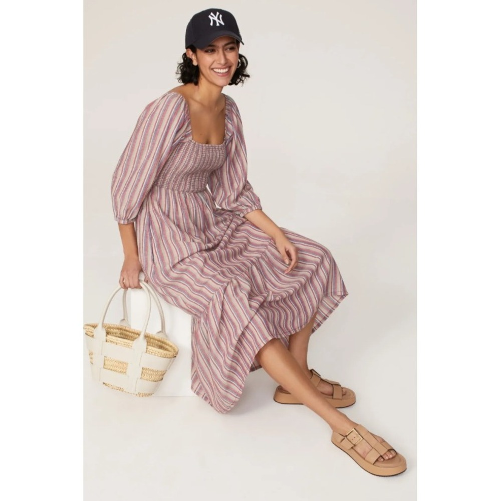 Marine Layer Ivy Smocked Striped Midi Dress Linen Tencel Puff Sleeve Tiered XS